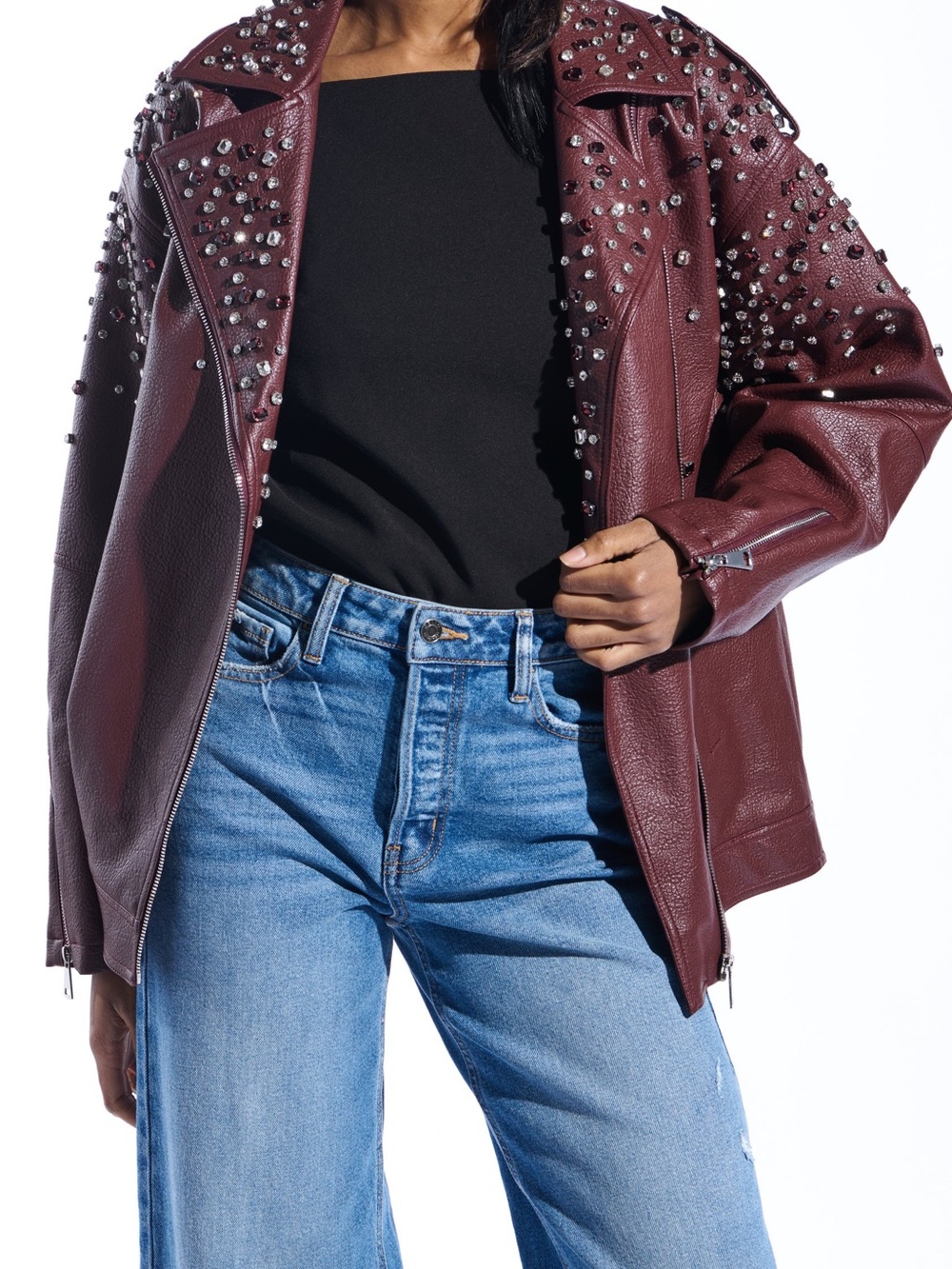 Studded Burgundy Faux Leather Oversized Moto Jacket